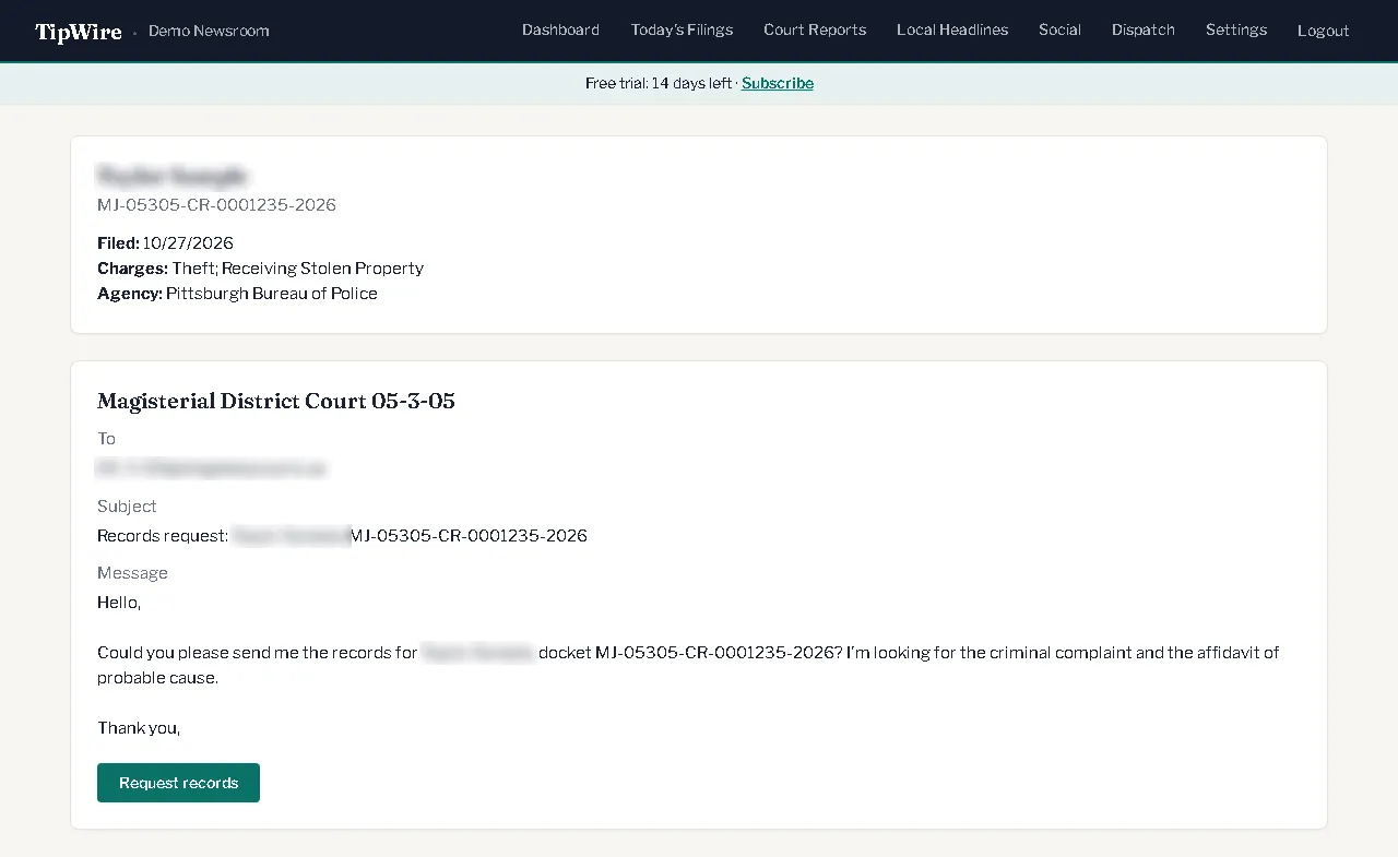 The records request page for a theft case: the magisterial district court office already chosen, with the email's recipient, subject and a one-sentence message asking for the criminal complaint and affidavit of probable cause, and a Request records button.