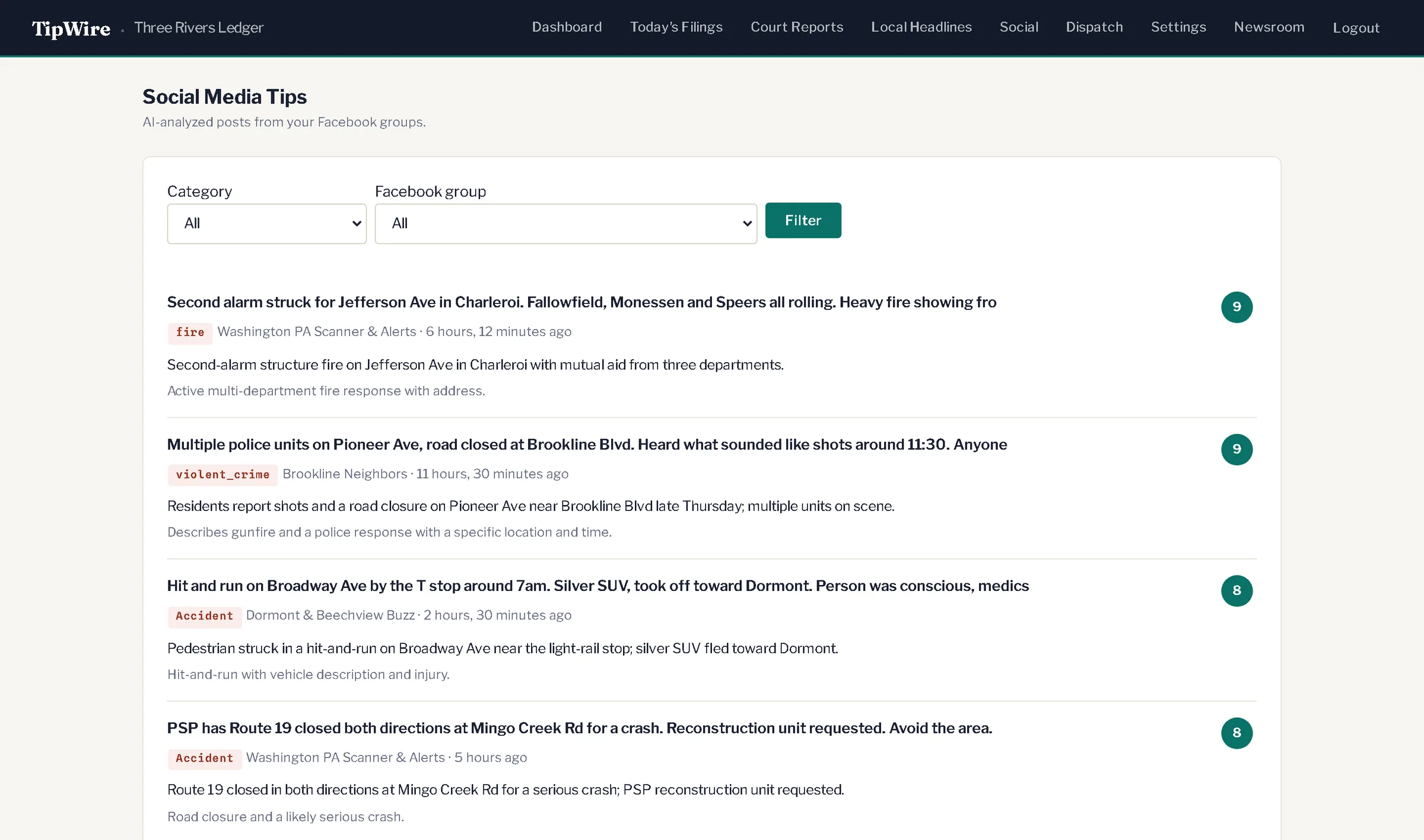 The Social page: posts from six neighborhood Facebook groups across the newsroom, each with a newsworthiness score, category, summary and a link to the original.